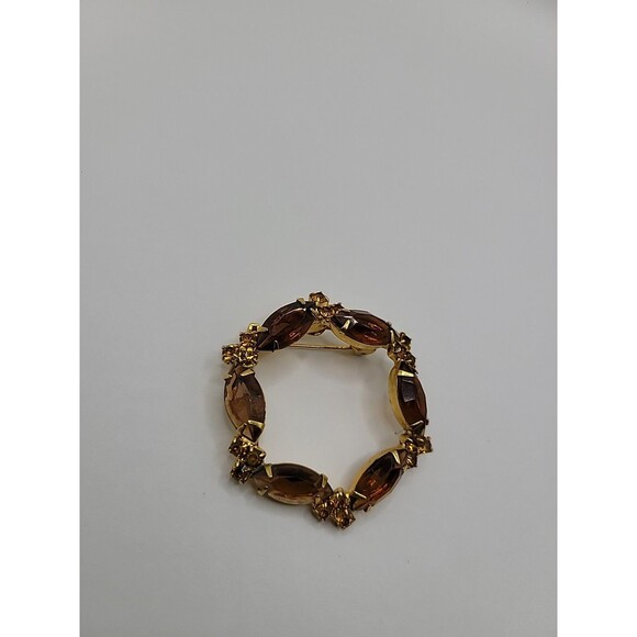Vintage Brooch Pin Round Gold Tone Brown Yellow Crystals Jewelry Costume - Picture 3 of 13